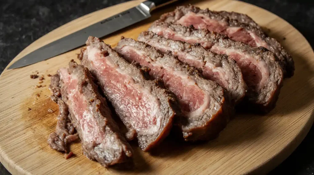 Close-up of raw lean beef cuts sliced thinly for homemade jerky preparation.