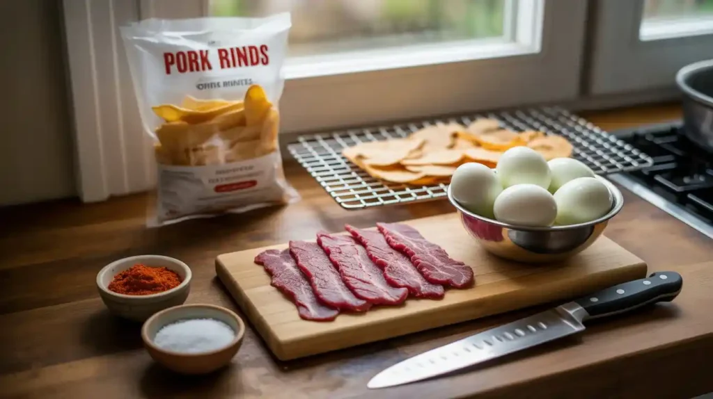 Home kitchen countertop with cutting board, sliced deli meats, cheese sticks, hard-boiled eggs, and fresh veggies being prepped for zero-carb snacks.