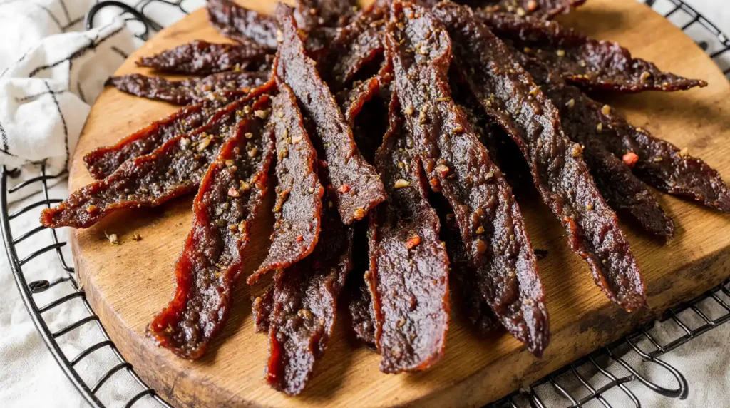 Slices of finished homemade beef jerky stacked on a wooden board, showing rich color and texture.