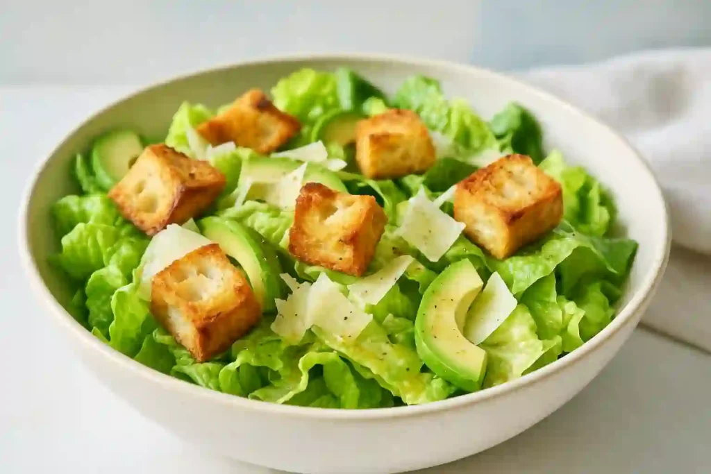 Crispy sourdough croutons sprinkled over a fresh green salad in a rustic bowl.
