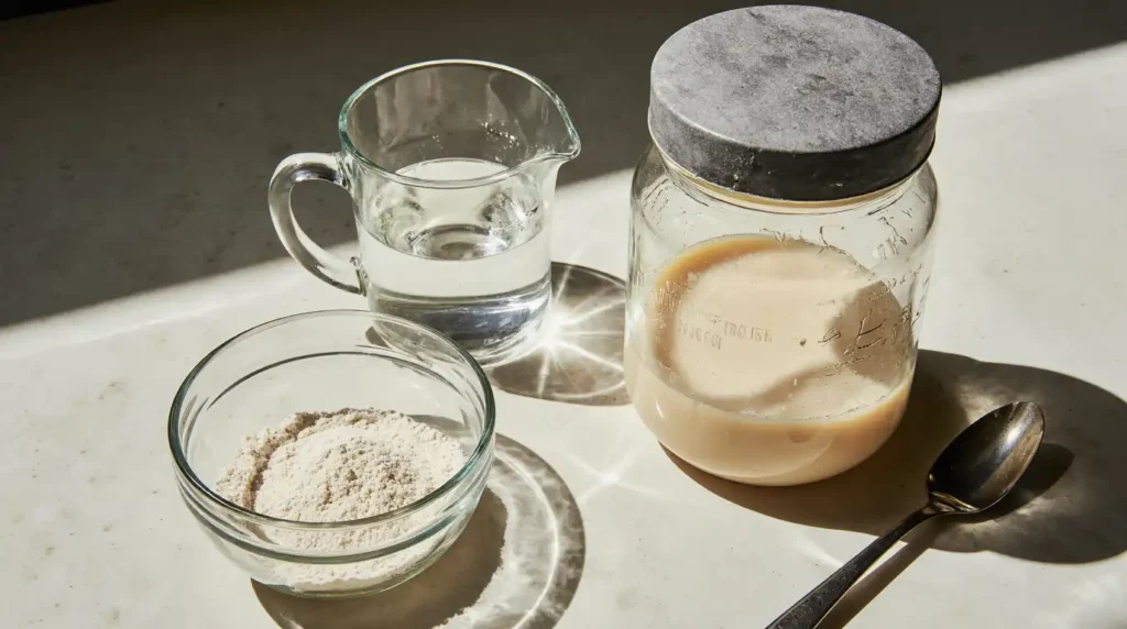 Hands feeding a sourdough starter in a glass jar with flour and water on a kitchen counter