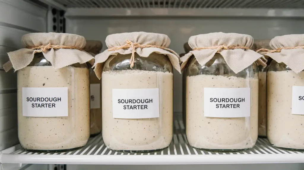Sourdough starter in a labeled glass jar stored in the fridge beside eggs and butter, with a note that reads “feed weekly.”