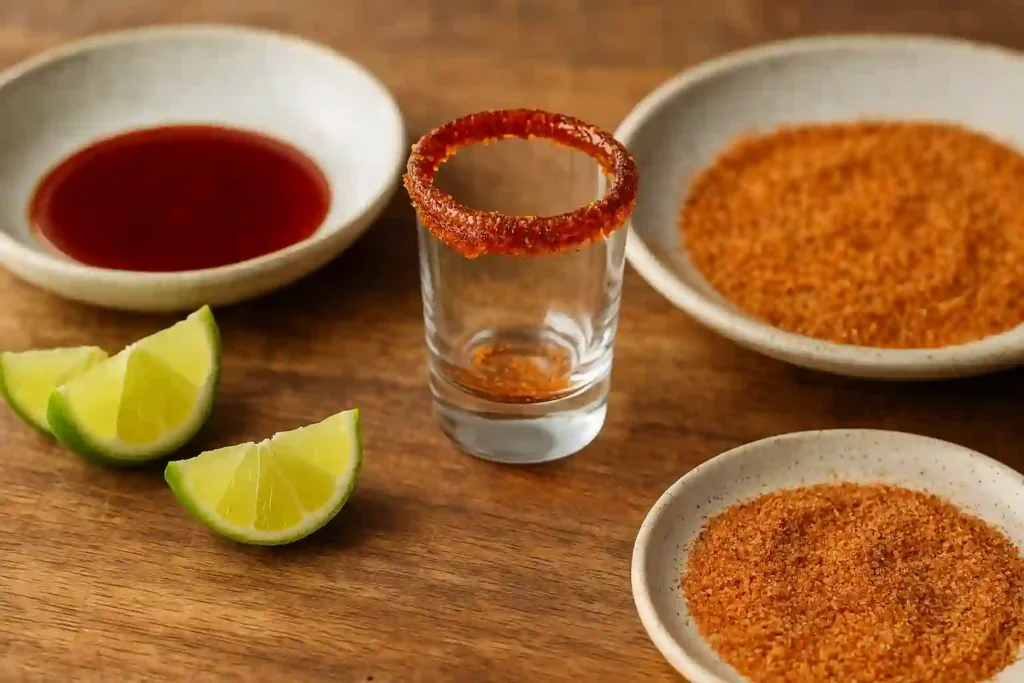 Close-up of a cocktail glass being rimmed with lime and dipped into Tajín seasoning on a wooden surface, surrounded by lime wedges and chili powder.