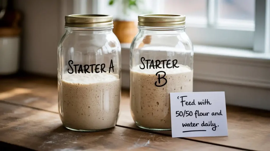 Glass jars labeled “Sourdough Discard” arranged neatly in a fridge door and freezer drawer, highlighting proper storage techniques.
