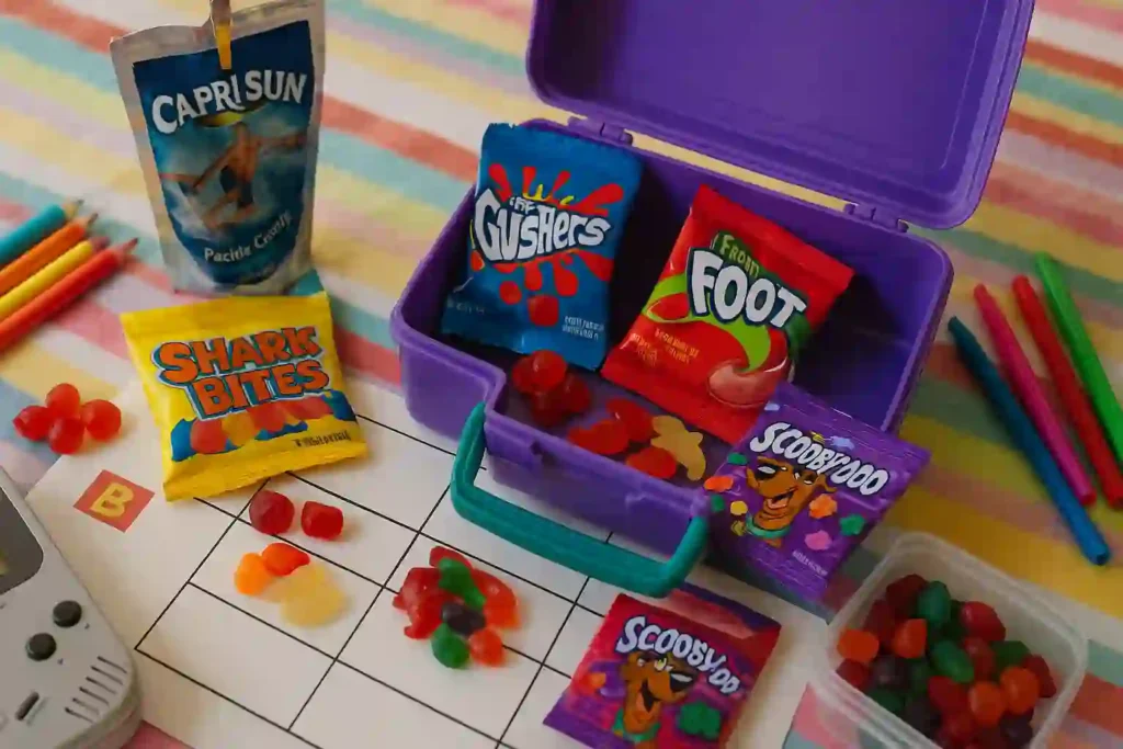 A nostalgic 90s kids’ lunchbox spread featuring colorful fruit snacks like Gushers, Shark Bites, Fruit Roll-Ups, and Capri Sun, arranged on a vintage lunch tray.