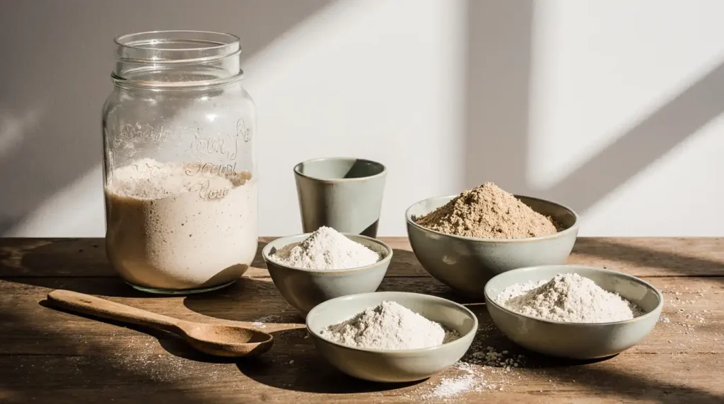 Hands stretching and folding sourdough dough on a lightly floured surface with a glass bowl and dough scraper nearby.