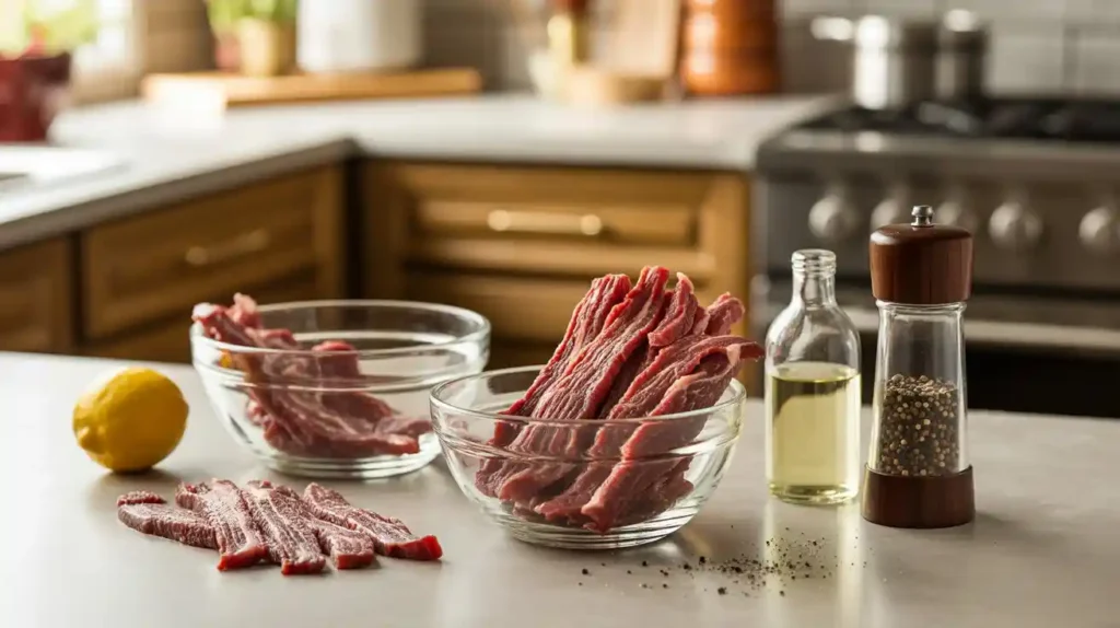 Beef strips soaking in a dark, savory marinade inside a glass bowl, prepped for homemade jerky.