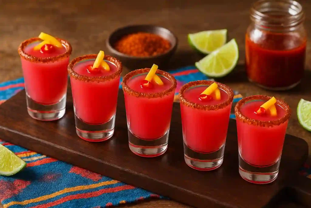 Tray of colorful Mexican candy shots garnished with Tajín rims and lime wedges, ready to serve at a festive party.