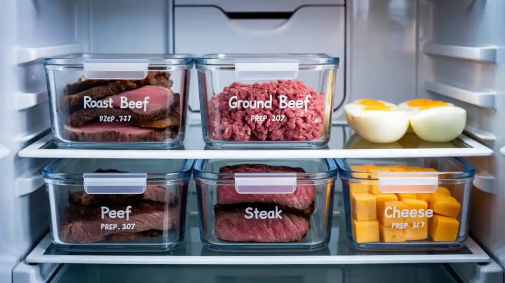 An organized fridge stocked with neatly labeled meal prep containers filled with colorful, healthy meals, stacked on glass shelves for the week ahead.