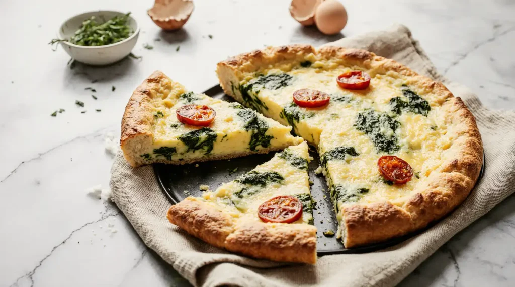 Close-up of a savory quiche with sourdough discard crust, filled with cheddar, spinach, and roasted tomatoes on a rustic kitchen counter.