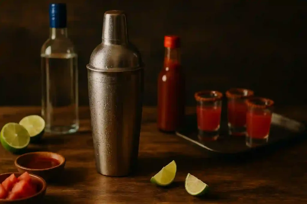 Bartender’s hands shaking a cocktail shaker with ice, preparing a Mexican candy shot; limes, Tajín, and chamoy bottles visible on the bar counter.