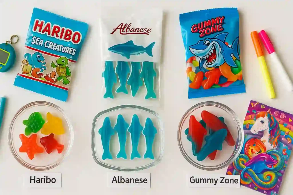 Flat lay of colorful gummy candy alternatives to shark gummies, arranged on a white background with small labels and fun packaging.