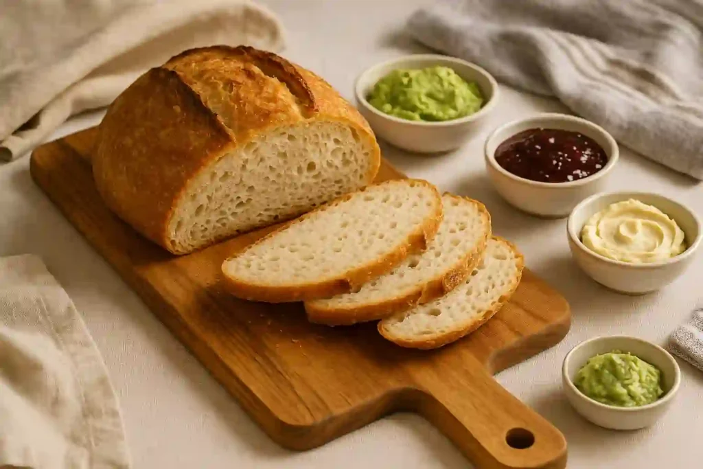 Slices of gluten-free sourdough bread arranged on a wooden serving board with a crusty edge and soft interior.