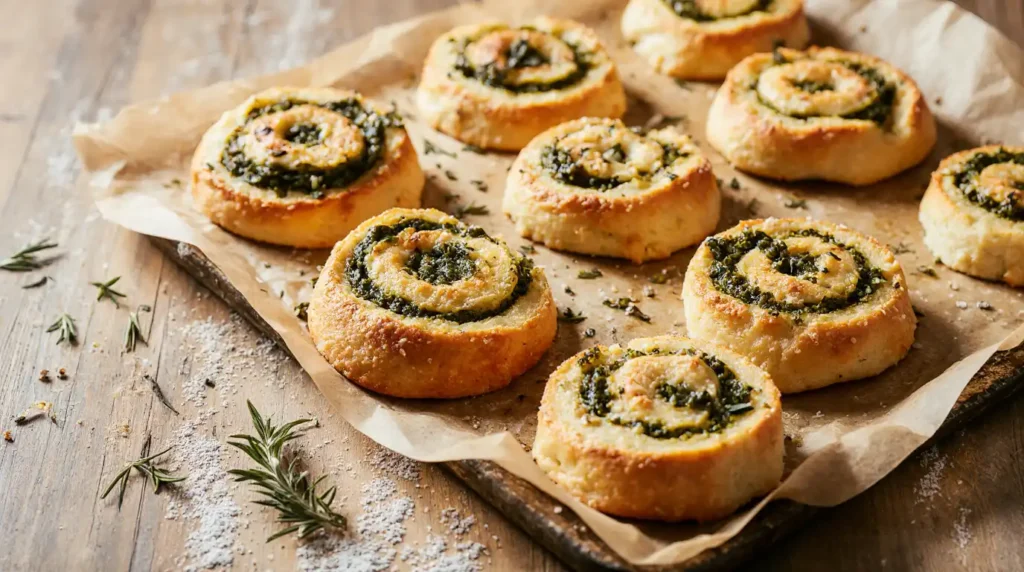 Thin, crispy sourdough discard crackers scattered on parchment paper, sprinkled with sea salt, herbs, and sesame seeds.
