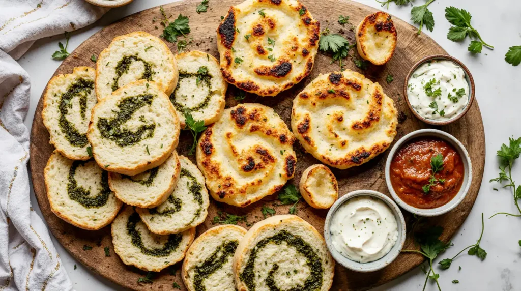 Assorted sourdough flatbreads and cheesy pinwheels with pesto and mozzarella on a wooden board, served with dips and fresh herbs.