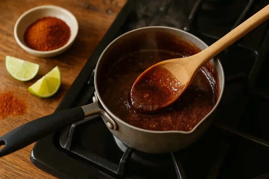 Hands shaping sticky tamarind candy on parchment paper, surrounded by chili powder and sugar.