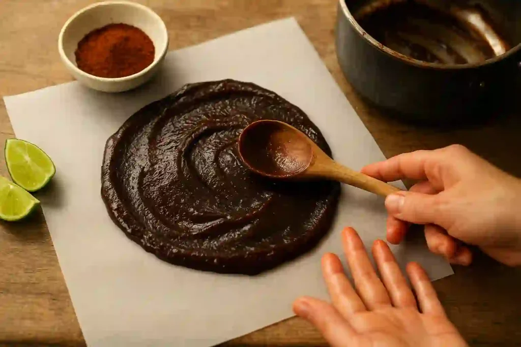 Sticky tamarind candy spread on parchment paper with chili powder, sugar, and lime scattered around.