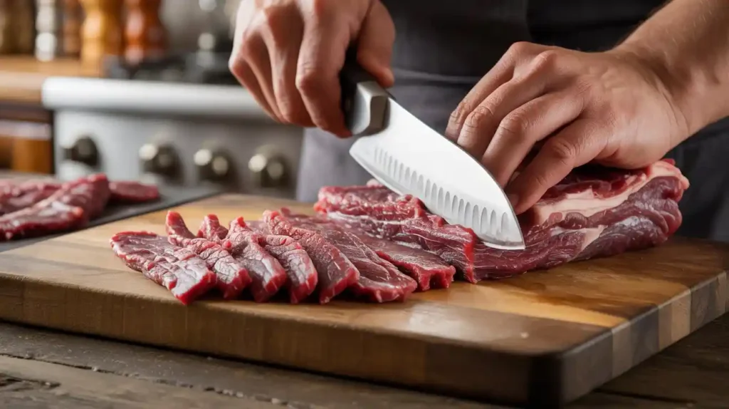Hands trimming and slicing lean beef into thin strips on a cutting board for homemade jerky preparation.