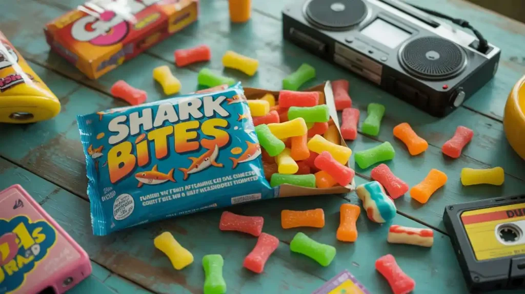 Flat lay of 1990s childhood snacks including Shark Bites, Dunkaroos, Gushers, and Capri Sun on a colorful table.