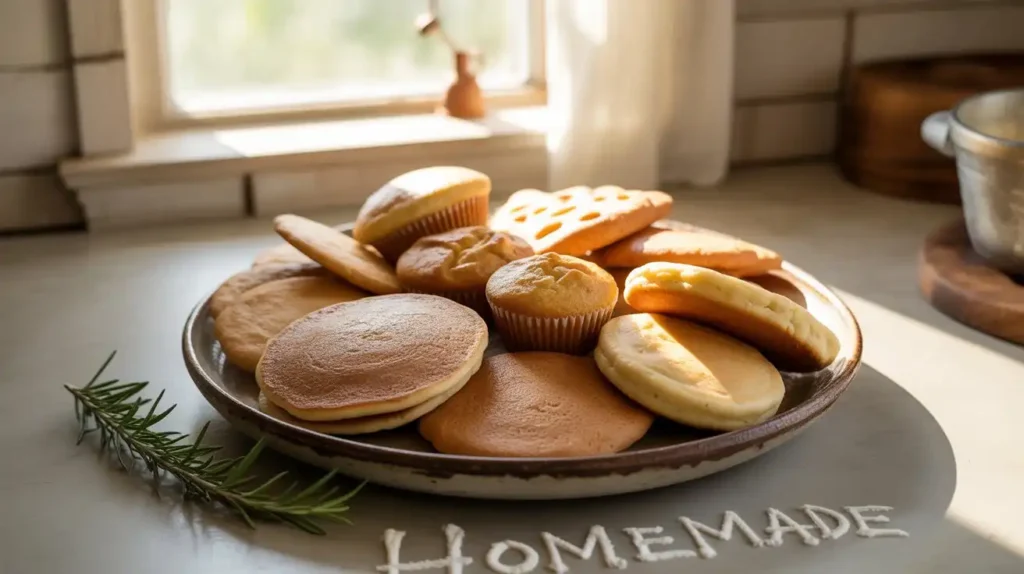 A clear glass jar labeled “Sourdough Discard” on a kitchen counter, surrounded by flour, a spoon, and a starter in the background.