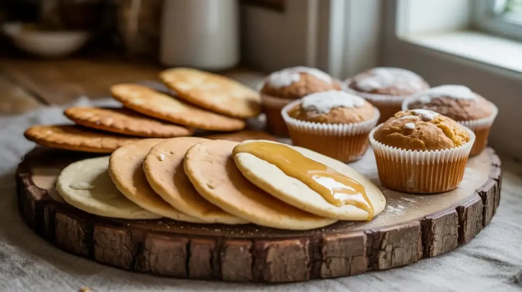 A close-up of a mason jar labeled “Sourdough Discard” next to homemade crackers and pancakes on a wooden kitchen counter, emphasizing mindful use.