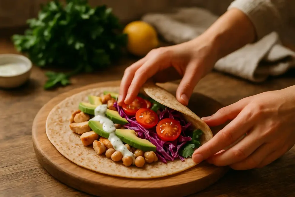 Hands assembling a healthy wrap with grilled chicken, fresh vegetables, and hummus on a whole wheat tortilla.