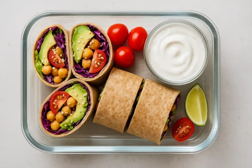 Customizing a healthy wrap in a home kitchen with various ingredient options like hummus, grilled tofu, and veggies.