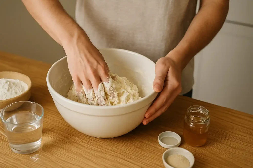 Flat lay of ingredients to make sourdough bread without a starter, including flour, water, salt, and leavening agents on a rustic table.