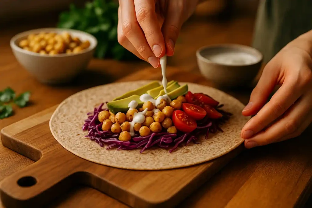 Ingredients for a healthy fast food wrap, including grilled chicken, vegetables, and whole grain tortilla, laid out on a kitchen counter.
