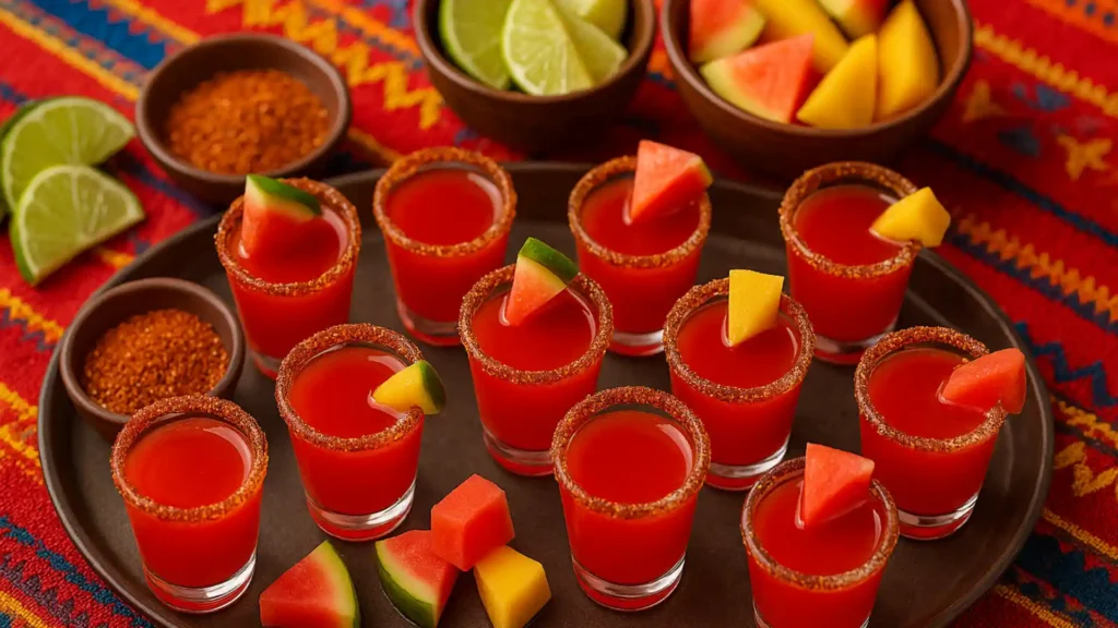 Finished Mexican candy shots served in rimmed glasses with Tajín and chamoy, styled for a festive fiesta presentation.