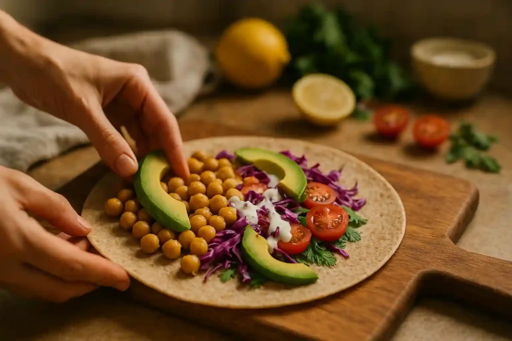 Fresh ingredients for healthy fast food laid out on a rustic kitchen counter — whole grain wraps, grilled chicken, fresh veggies, herbs, and sauces.