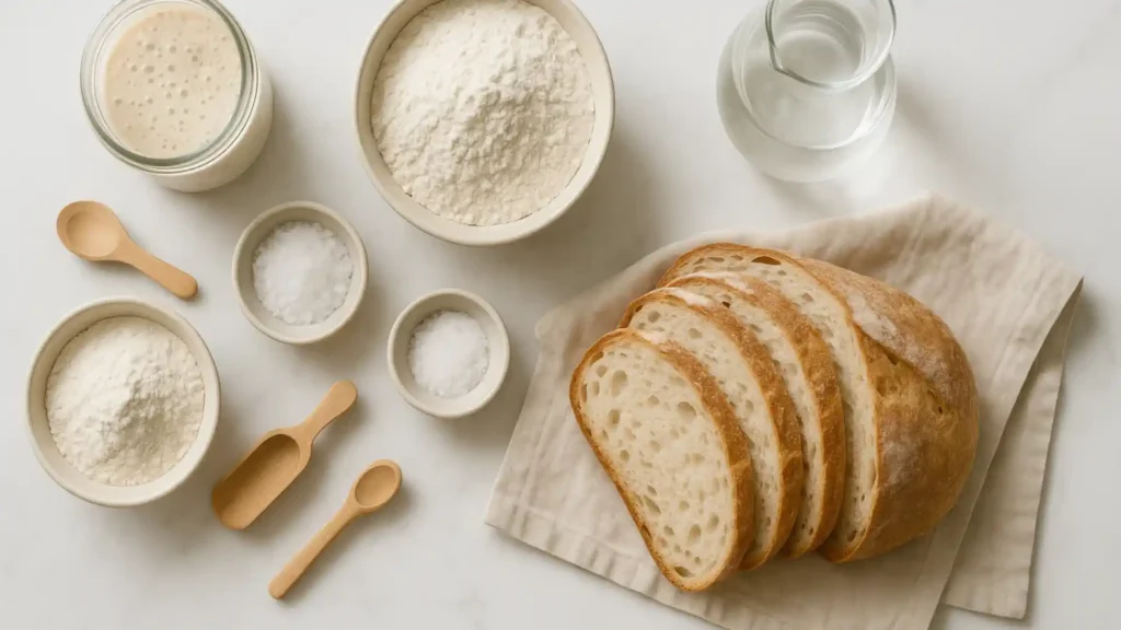 Freshly baked sourdough bread surrounded by wholesome, natural ingredients.