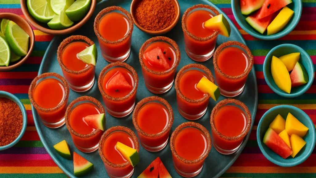 Festive presentation of Mexican candy shots in rimmed glasses, ready to serve at a party.
