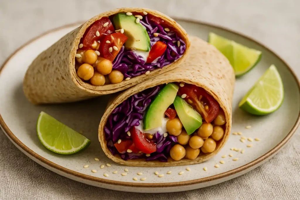 Finished healthy wrap cut in half and served on a plate with a side of fresh veggies and dipping sauce.
