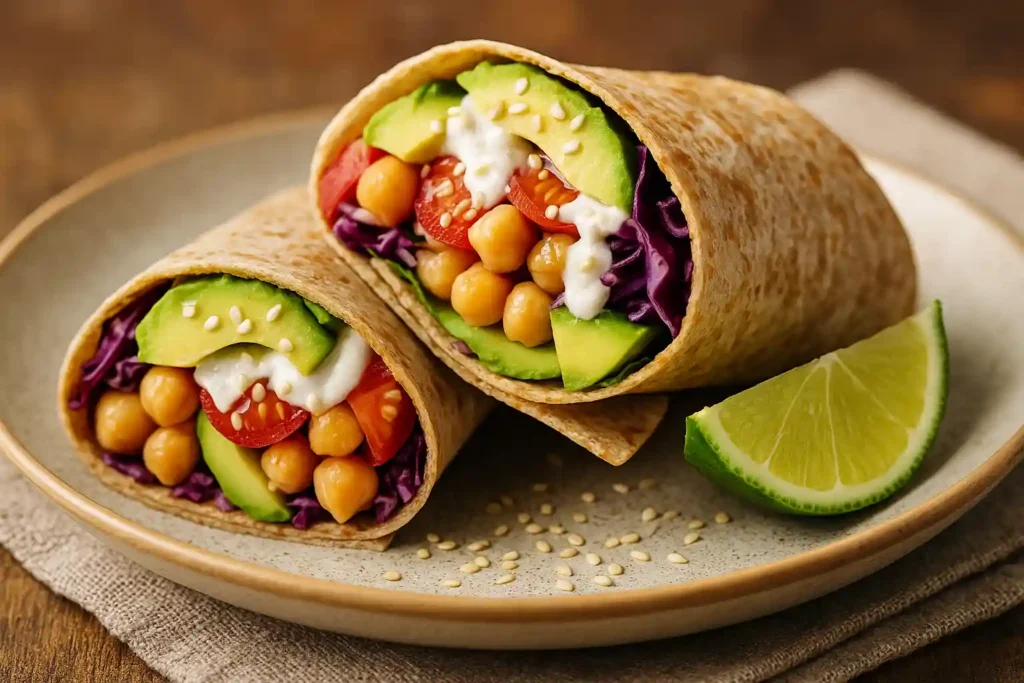 Step-by-step making of a healthy fast food wrap with grilled chicken, fresh veggies, and sauce on a tortilla.