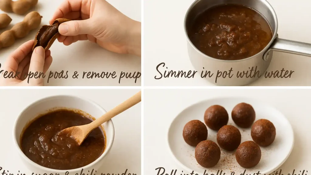Collage of step-by-step images showing the process of cooking traditional Mexican tamarind candy from start to finish.
