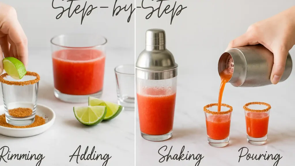 Step-by-step collage showing the process of making Mexican candy shots with tequila, chamoy, lime, and Tajín.