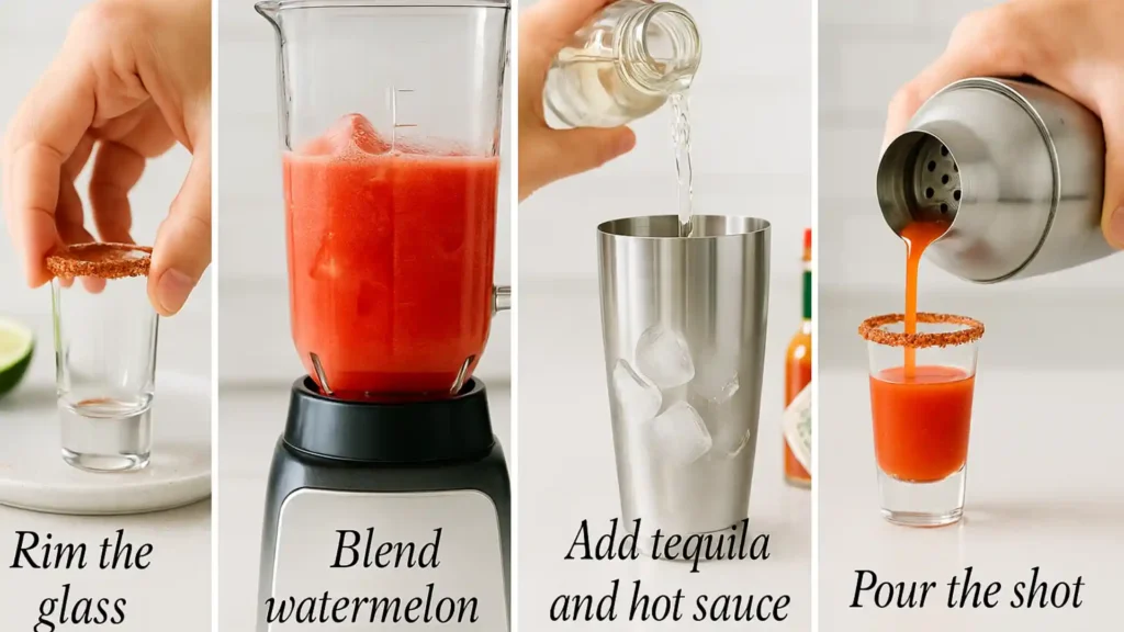 Step-by-step collage showing the process of making a Mexican candy shot from ingredients to finished drink.