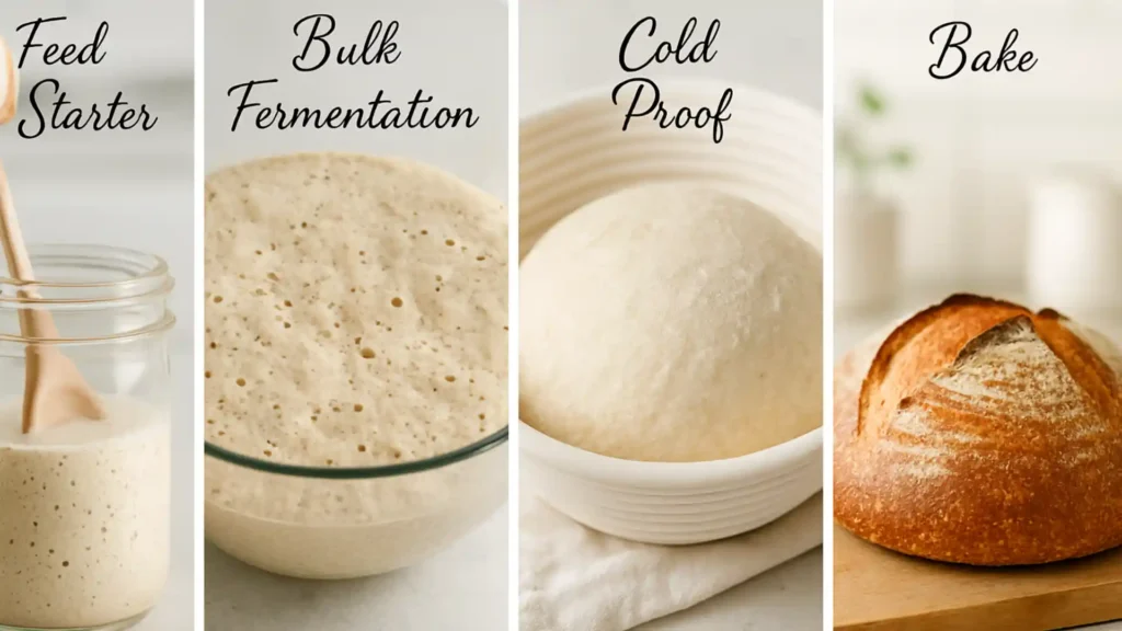 Collage showing the step-by-step process of making sourdough bread, from mixing to baking