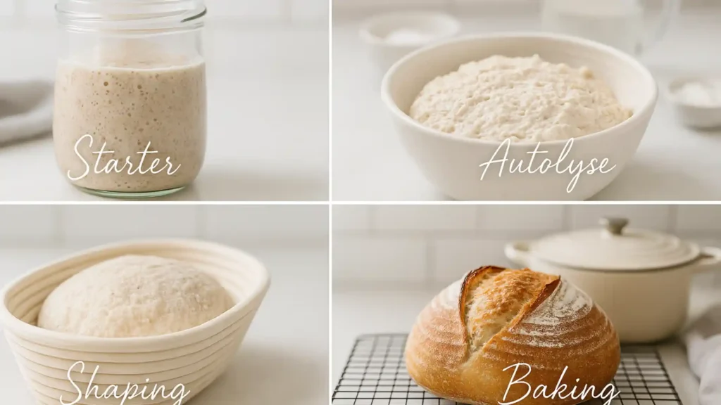Collage of step-by-step sourdough bread making, from mixing dough to the final baked loaf.